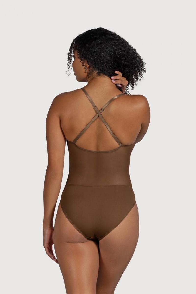 Brown BLOCH Cordelia Mesh Panel Women's Bodysuit | YGFQ79562